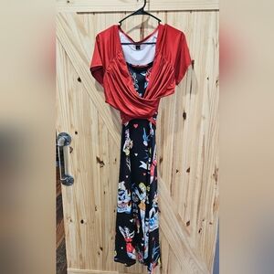 Rust Orange Wrap Top with Black Cartoon Print Maxi Dress